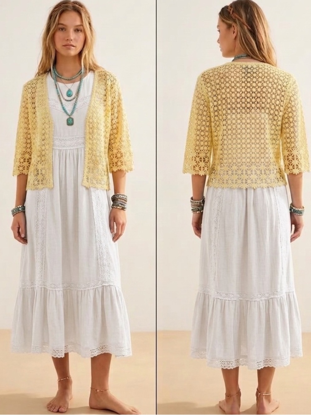 Rabbit Rabbit Rabbit Designs Yellow Floral Lace Single Button Crocheted Cardigan - Picture 4 of 16